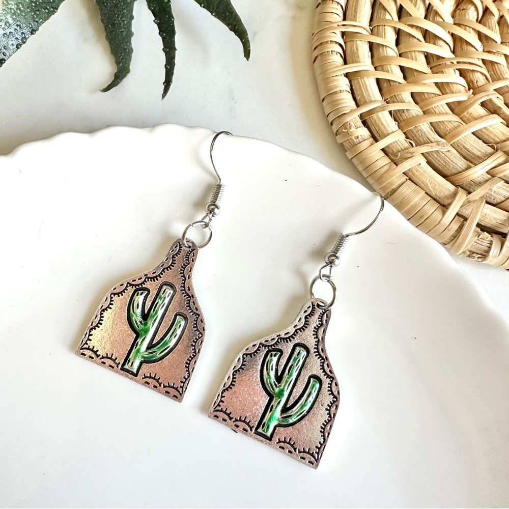 2/$30🌵 Cactus Cattle Tag Earrings Silver Western Boho Southwestern Jewelry NEW